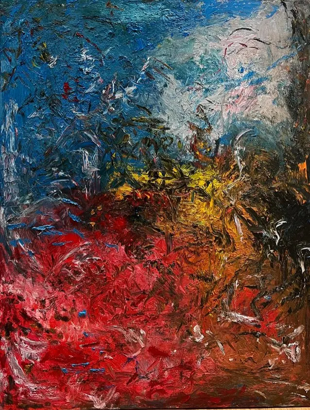 Amour (2020), huile sur toile de Léo Pansard, 116 × 89 cm — touches denses de bleu, de rouge et de jaune