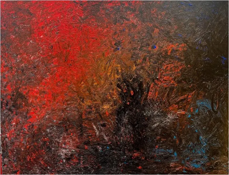 Amour (2020), huile sur toile de Léo Pansard, 89 × 116 cm — touches épaisses de rouge, de noir et de bleu