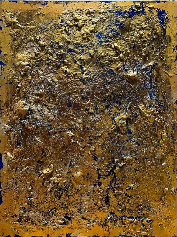 Céleste (2018), acrylique et dorure sur toile de lin de Léo Pansard, 113 × 89 cm — matière dorée en relief, traversée d'éclats bleus