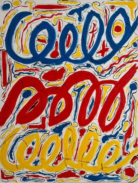 Confus (2023), huile sur toile de Léo Pansard, 116 × 89 cm — boucles bleues, rouges et jaunes enchaînées sur fond blanc