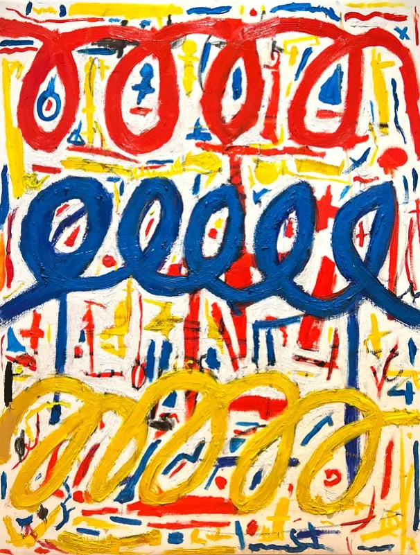 Confus (2023), huile sur toile de Léo Pansard, 116 × 89 cm — rangées de boucles rouges, bleues et jaunes entre des signes colorés