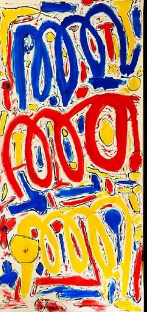 Confus (2023), huile sur toile de Léo Pansard, 220 × 100 cm — rangées de boucles rouges, bleues et jaunes sur fond blanc