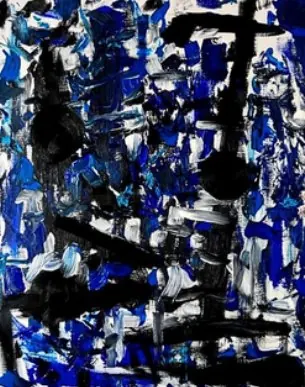 Confus (2023), huile sur toile de Léo Pansard, 93 × 72 cm — gestes noirs sur des bleus et des blancs