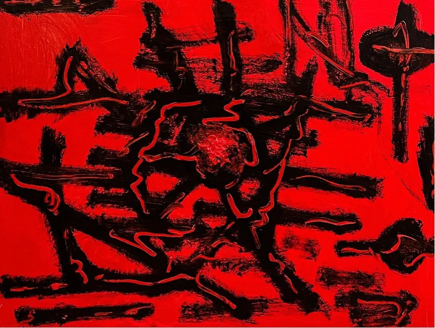 Désir (2022), huile sur toile de Léo Pansard, 89 × 116 cm — gestes noirs sur un rouge vif