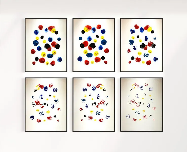 Épuisement (2024), polyptyque, huile sur toile de lin de Léo Pansard, 6 × 64 × 54 cm — six panneaux de taches colorées en miroir, de plus en plus pâles