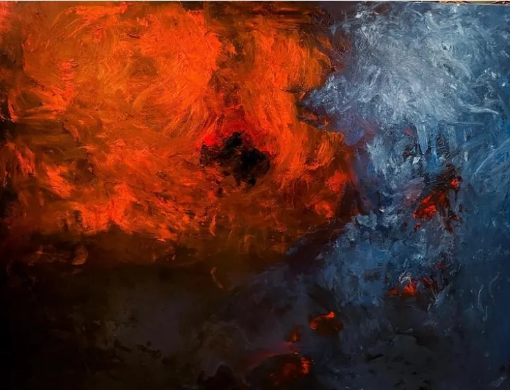 Espoir (2020), huile sur toile de Léo Pansard, 89 × 116 cm — nuée orange et rouge face à un bleu-gris tourmenté