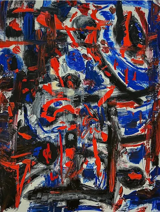 Faire (2022), huile sur toile de Léo Pansard, 116 × 89 cm — entrelacs rouges, bleus et noirs