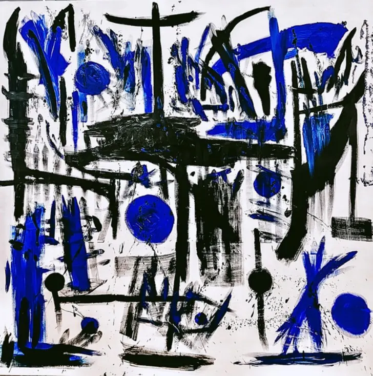 Fatalité (2021), huile sur toile de Léo Pansard, 200 × 200 cm — traits noirs gestuels et disques bleus sur fond blanc