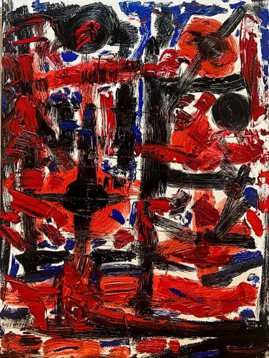 Impossible (2020), huile sur toile de Léo Pansard, 116 × 89 cm — rouge et noir en coups de pinceau croisés