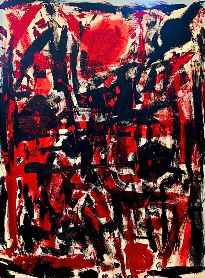 Impossible (2020), huile sur toile de Léo Pansard, 160 × 120 cm — masses rouges et noires sous un disque rouge