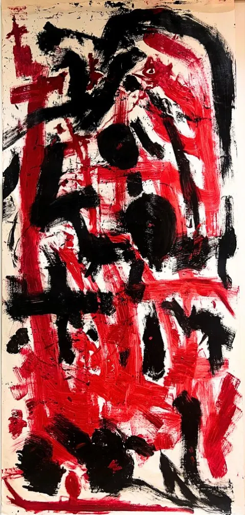 Impossible (2022), huile sur toile de Léo Pansard, 220 × 100 cm — gestes noirs et rouges sur fond blanc, en format vertical