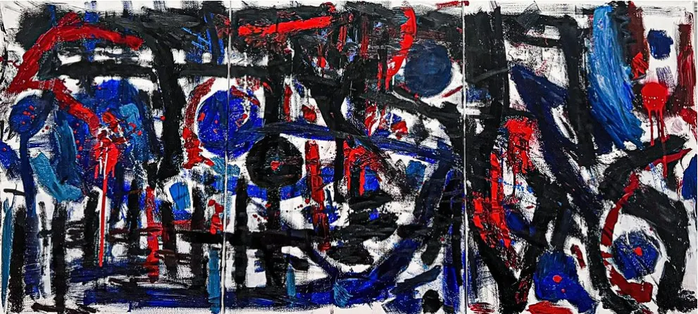 L'obscurité dans mon esprit (2023), triptyque, huile sur toile de Léo Pansard, 100 × 225 cm — trois panneaux de grilles noires, de signes bleus et rouges sur fond blanc