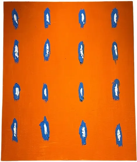 Le Mur N2 (2023), huile sur toile de Léo Pansard, 64 × 53 cm — taches bleues alignées sur fond orange