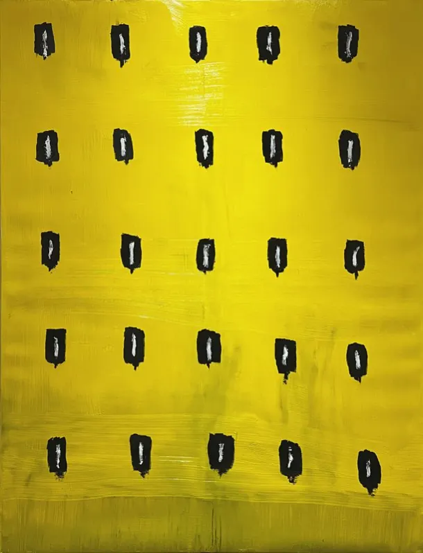 Le Mur N3 (2024), huile sur toile de Léo Pansard, 116 × 89 cm — taches noires alignées sur fond jaune vif