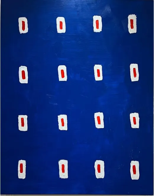 Le Mur N4 (2024), acrylique sur toile de Léo Pansard, 93 × 72 cm — taches rouges et blanches alignées sur fond bleu