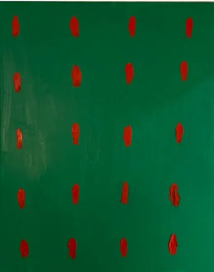 Le Mur N5 (2024), huile sur toile de Léo Pansard, 93 × 72 cm — traits rouges alignés sur fond vert