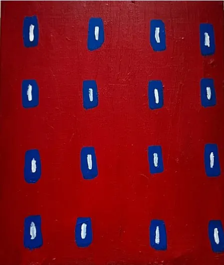 Le Mur N6 (2024), huile sur toile de Léo Pansard, 93 × 72 cm — taches bleues alignées sur fond rouge