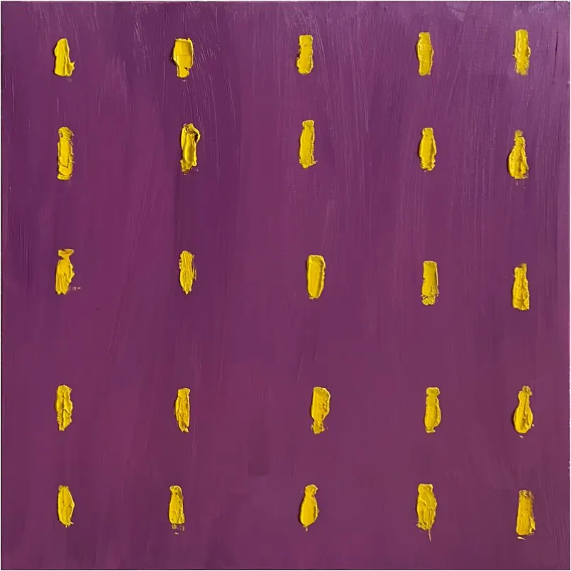 Le Mur N7 (2024), huile sur toile de Léo Pansard, 100 × 100 cm — taches jaunes alignées sur fond violet