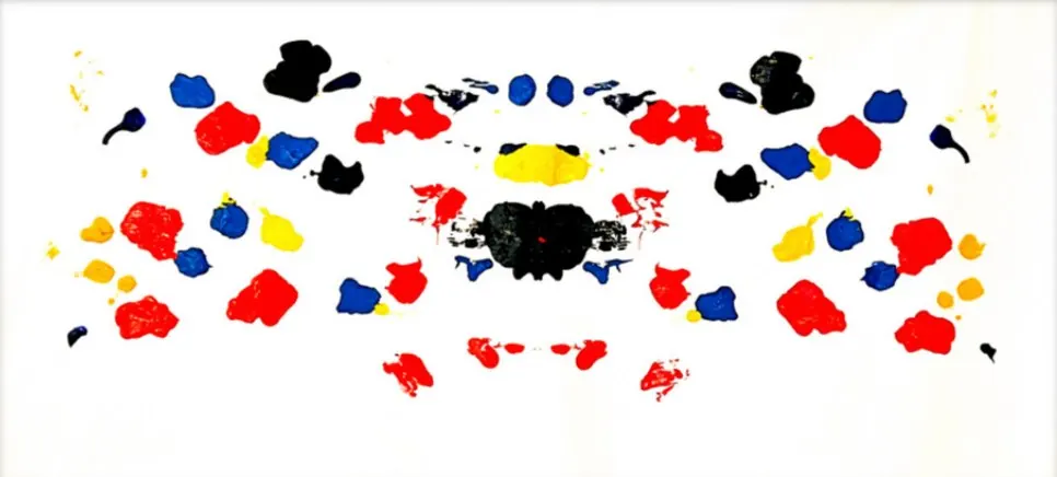 Miroir n°1 (2024), huile sur toile de Léo Pansard, 105 × 210 cm — taches rouges, bleues, jaunes et noires disposées en miroir sur fond blanc