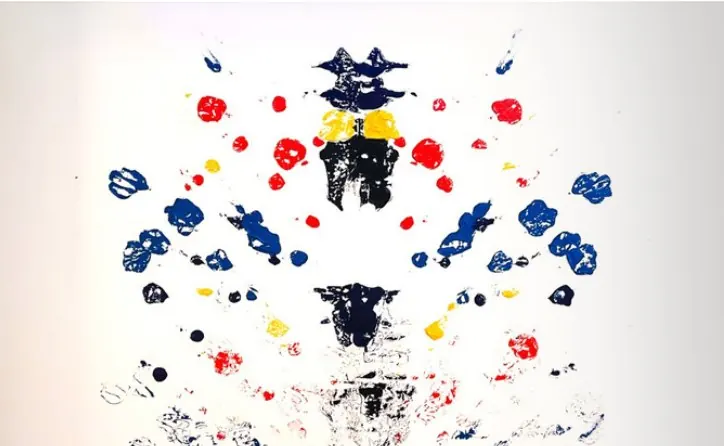 Miroir n°2 (2024), huile sur toile de Léo Pansard, 89 × 145 cm — composition en miroir bleue, rouge, jaune et noire sur blanc