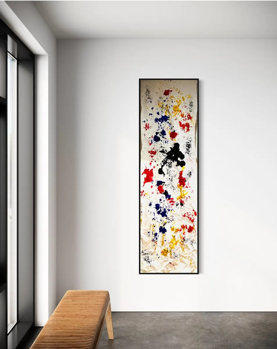 Miroir n°3 (2024), huile sur toile de Léo Pansard, 210 × 62 cm — format vertical étroit, taches colorées en miroir sur blanc