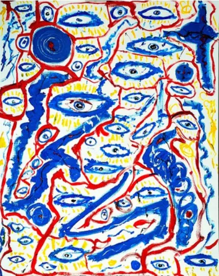 Riviera maudite n°1 (2023), huile sur toile de Léo Pansard, 93 × 72 cm — yeux et lignes rouges et bleues sur fond blanc
