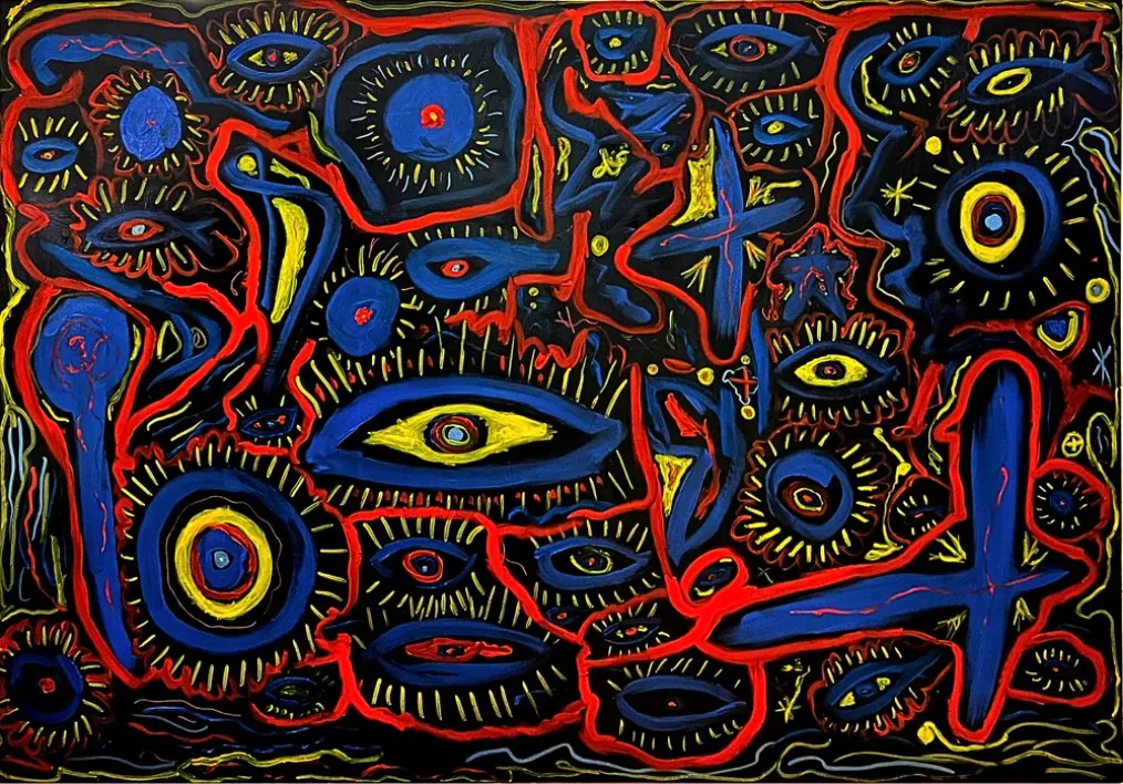 Riviera maudite n°2 (2023), huile sur toile de Léo Pansard, 113 × 162 cm — yeux et lignes rouges, bleues et jaunes sur fond noir
