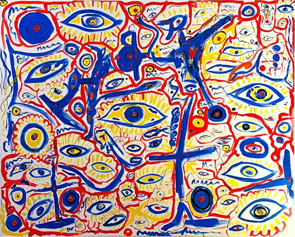 Riviera maudite n°3 (2023), huile sur toile de Léo Pansard, 130 × 162 cm — yeux et lignes sinueuses rouges, bleues et jaunes sur fond blanc