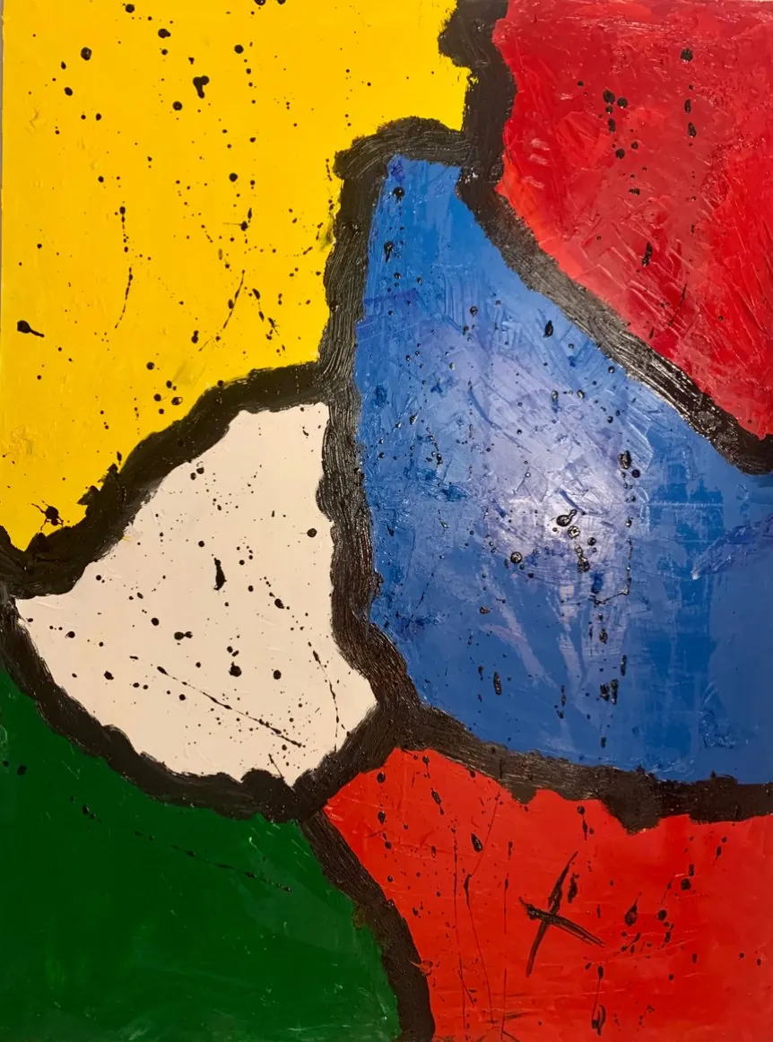 Sans titre (2014), huile sur toile de Léo Pansard — aplats jaune, bleu, vert et rouge cernés de noir