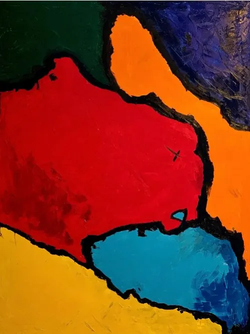 Sans titre (2014), huile sur toile de Léo Pansard — aplats rouge, jaune et bleu cernés de noir