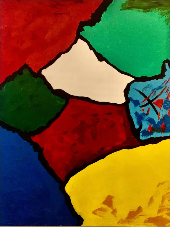 Sans titre (2014), huile sur toile de Léo Pansard — aplats rouge, vert, jaune et bleu cernés de noir