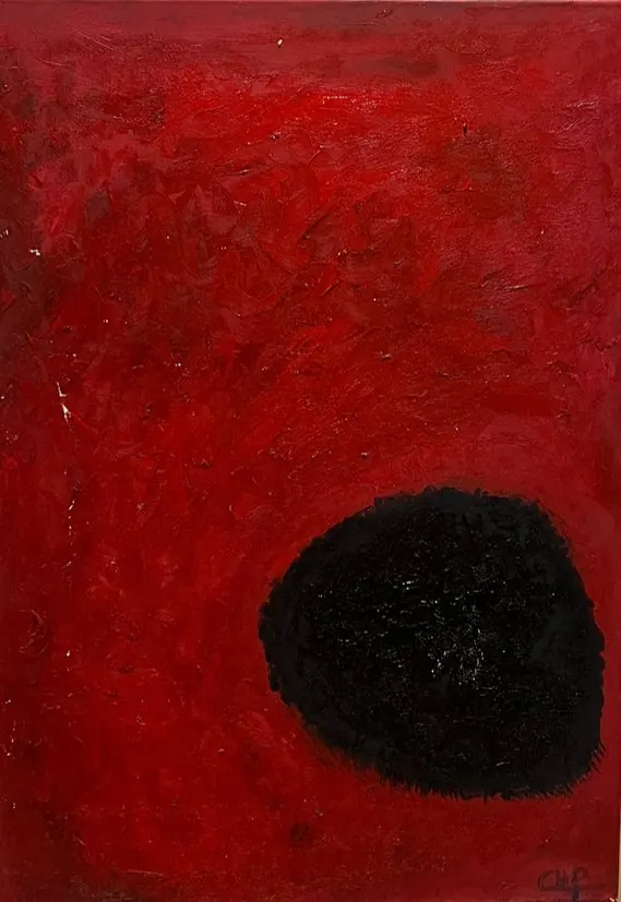 Sans titre (2014), huile sur toile de Léo Pansard — disque noir sur fond rouge