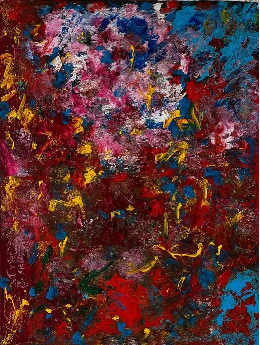 Sans titre (2015), huile sur toile de Léo Pansard — touches rouges, roses et bleues
