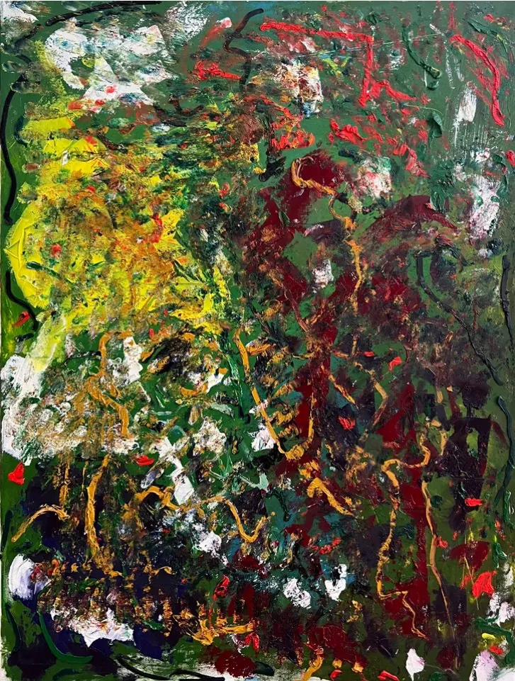 Sans titre (2015), huile sur toile de Léo Pansard — touches vertes, rouges et jaunes