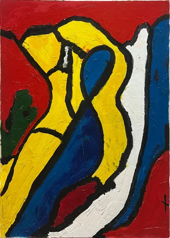 Sans titre (2016), huile sur toile de Léo Pansard — formes jaunes et bleues cernées de noir sur fond rouge