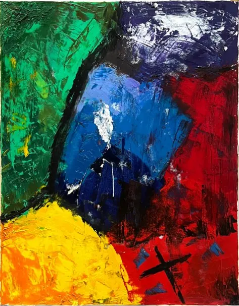 Sans titre (2017), huile sur toile de Léo Pansard — bleu, jaune, rouge et vert en touches épaisses
