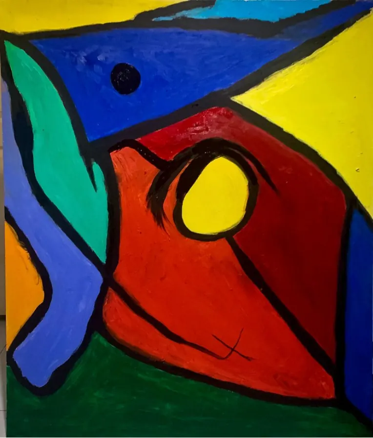Sans titre (2017), huile sur toile de Léo Pansard, 150 × 100 cm — formes rouges, bleues et jaunes cernées de noir