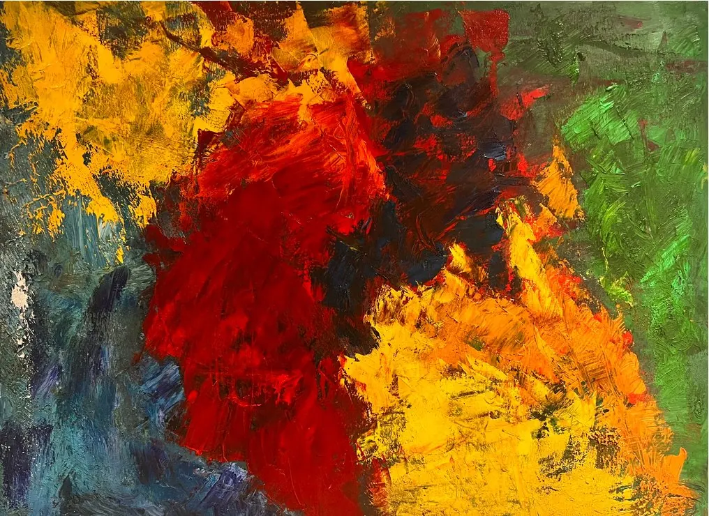Sans titre (2017), huile sur toile de Léo Pansard — rouge et jaune sur fond vert