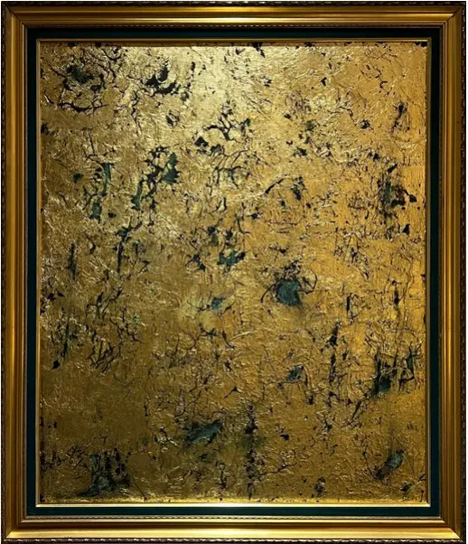 Sans titre (2017), huile sur toile de Léo Pansard — surface dorée dans un cadre doré