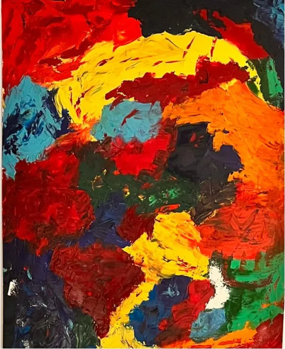 Sans titre (2017), huile sur toile de Léo Pansard — touches rouges, jaunes et bleues en tourbillon