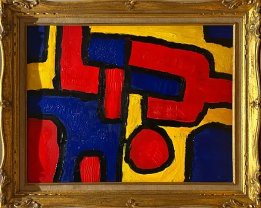 Sans titre (2019), huile sur toile de Léo Pansard — aplats rouge, bleu et jaune cernés de noir, cadre doré
