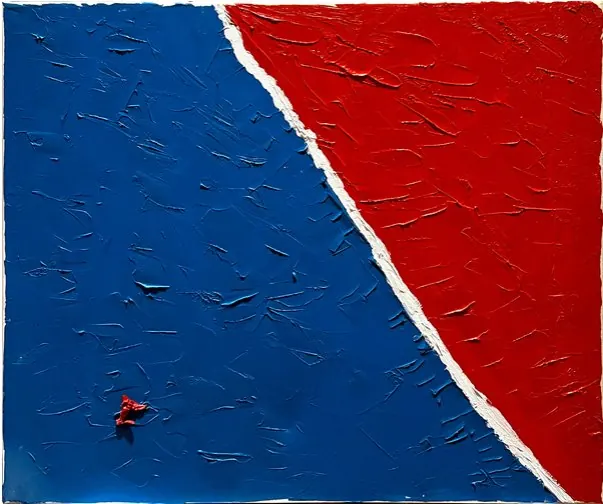 Sans titre (2019), huile sur toile de Léo Pansard — bleu et rouge séparés par une diagonale blanche
