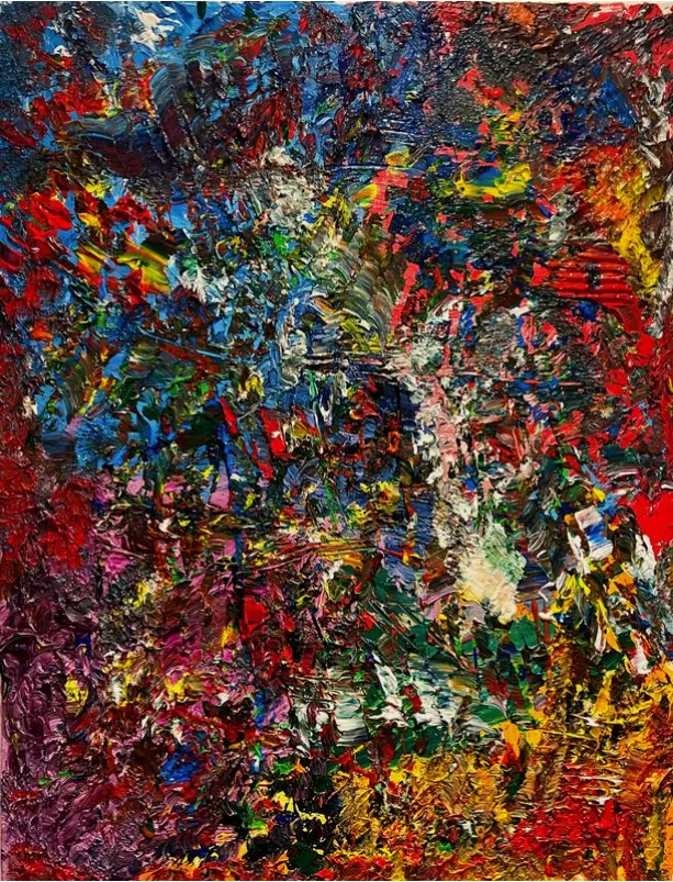 Sans titre (2019), huile sur toile de Léo Pansard, 81 × 62 cm — champ dense de touches colorées