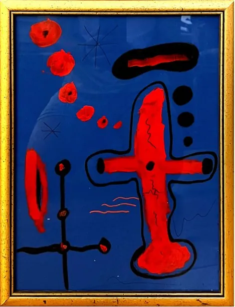 Sans titre (2019), huile sur toile de Léo Pansard — croix rouge et signes sur fond bleu, cadre doré