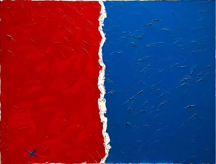 Sans titre (2019), huile sur toile de Léo Pansard — deux champs rouge et bleu séparés par une ligne blanche