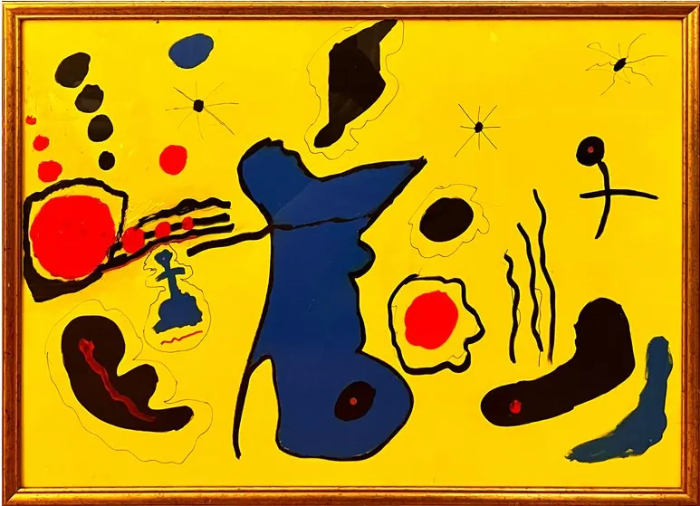 Sans titre (2019), huile sur toile de Léo Pansard — formes bleues, rouges et noires sur fond jaune, cadre doré