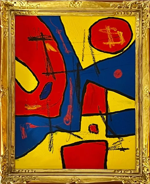 Sans titre (2019), huile sur toile de Léo Pansard — formes rouges, bleues et jaunes, cadre doré