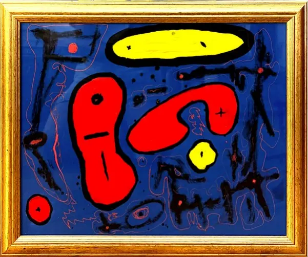 Sans titre (2019), huile sur toile de Léo Pansard — formes rouges et jaunes sur fond bleu, cadre doré