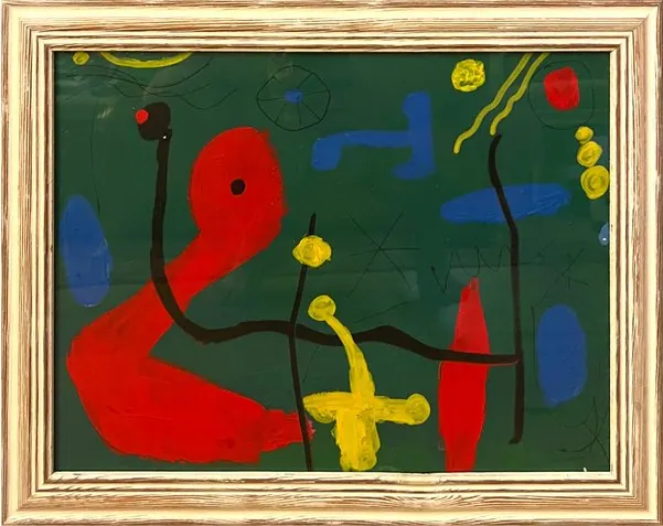 Sans titre (2019), huile sur toile de Léo Pansard — formes rouges et jaunes sur fond vert, cadre doré