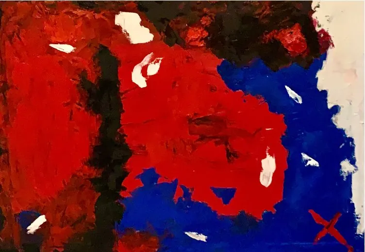 Sans titre (2019), huile sur toile de Léo Pansard — masses rouges et bleues